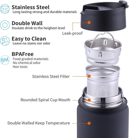 Sivaphe Tea Infuser Bottle With Removable Loose Leaf Tea Strainer Cup 18/8 Stainless Steel Portable Insulated Travel Tea Tumbler Black