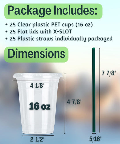 Cappatua 20 oz Clear Plastic Cups with Lids and STRAWS, Disposable Drinking Cups for Cold Drinks, Iced Coffee, Milkshakes, Smoothies, 25 Sets