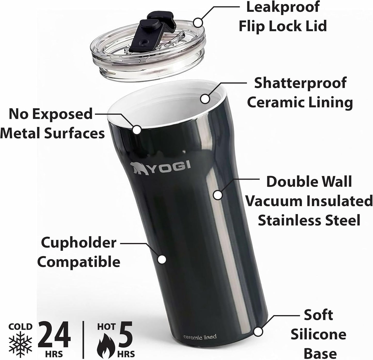 YOGI Ceramic Lined Metal Allergy Safe 16oz Coffee Tumbler with Leakproof Lid BPA Free Vacuum Insulated Stainless Steel Cupholder Friendly Travel Cup for Coffee and Water Sandstone