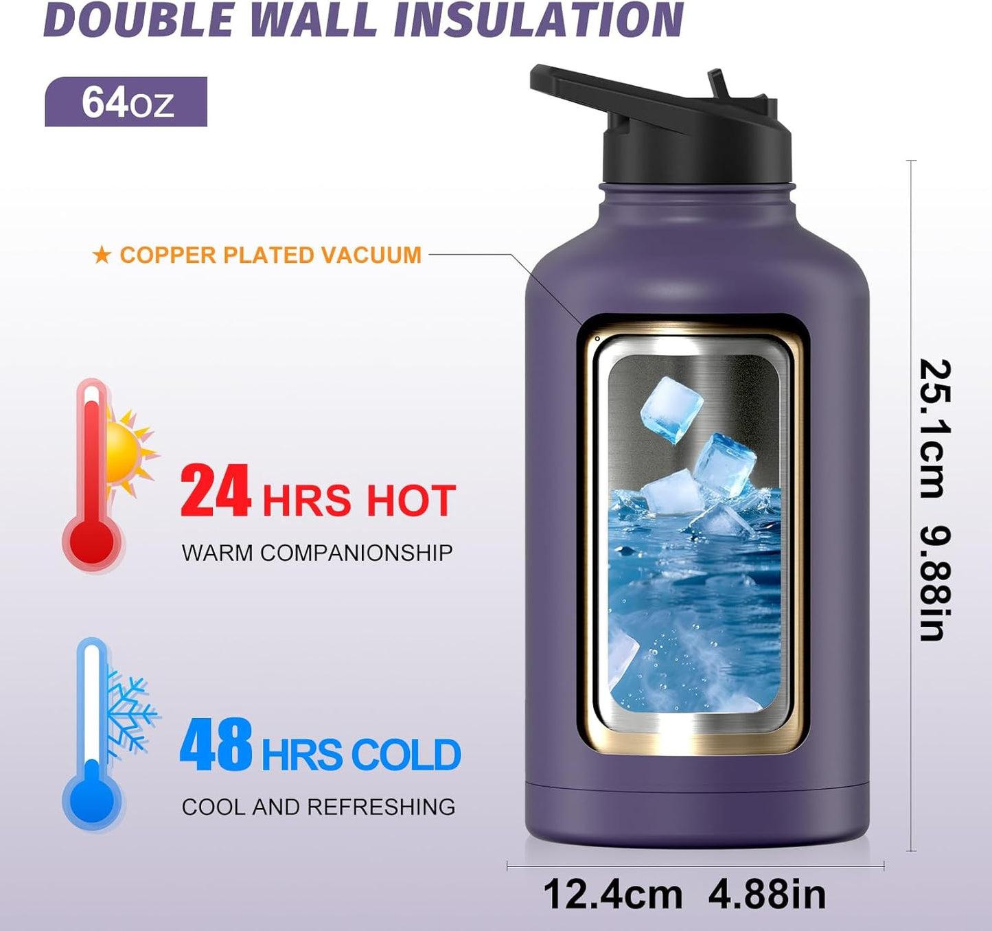 40oz Insulated Water Bottle (Cold for 48 Hrs),BPA Free&Leak Proof,Stainless Steel Water Flask,Water Jug with Straw Spout Lids for Gym,Hiking,Travel,Black Blue