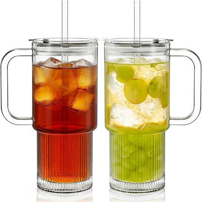 KEMORELA Large 26oz Clear Glass Mug with Handle and Sliding Lid – Aesthetic Ribbed Tumbler for Iced Coffee, Smoothies & Hot Drinks – Reusable Travel Cup with Straw, Dishwasher Safe (Ribbed Tumbler)