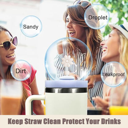 Flower Straw Covers Toppers for Stanley Cups 30&40 Oz Tumbler with Handle Accessories 4PCS Silicone Straw Caps Reusable Straws Tips Protectors for Stanley Cup 10mm 0.4in Straws,Off White