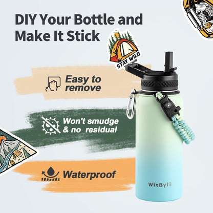 WixByti 40 oz Insulated Water Bottle with Straw (Cold for 36 Hrs), Stainless Steel Triple Wall Vacuum Sports Water Jug, Leakproof Hydro Cup Flask with Paracord Handle & Straw Spout Lids & DIY Stickers