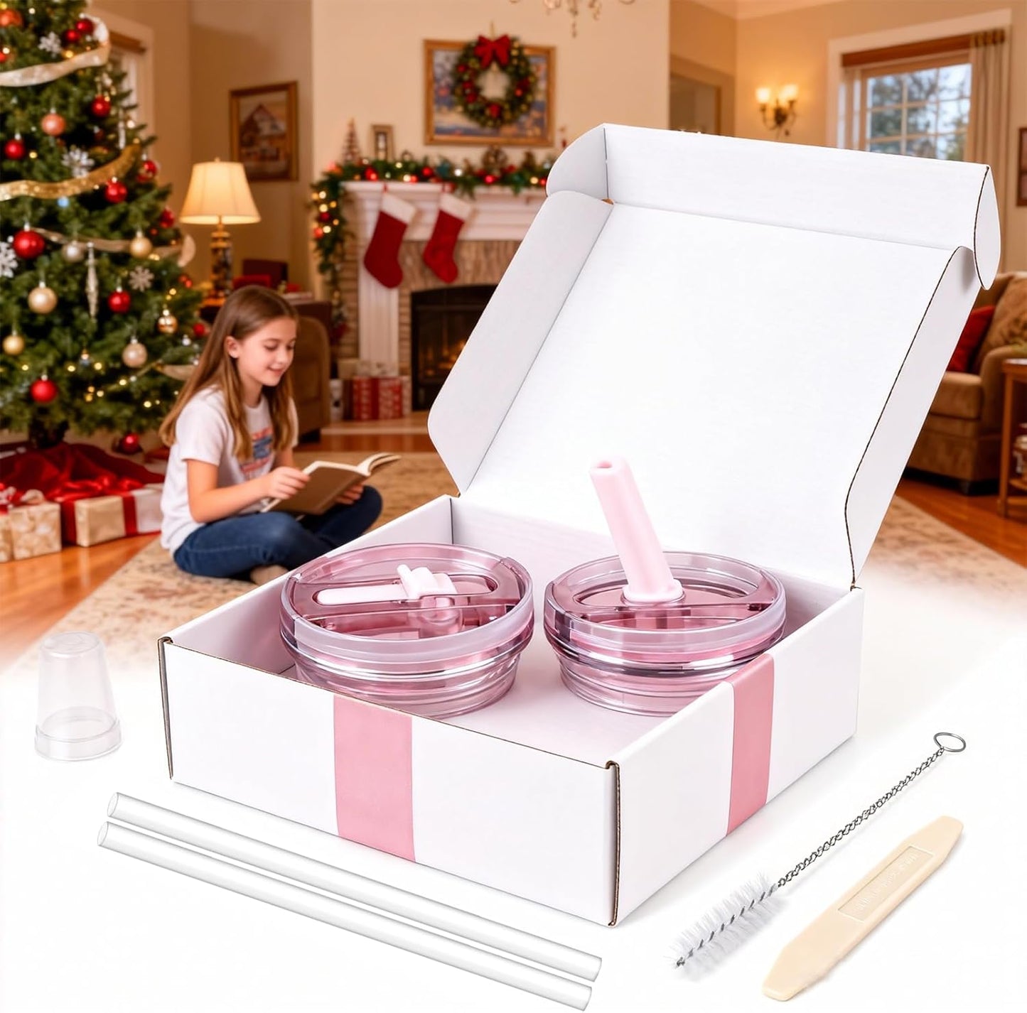 30oz Flip Straw Lid for Stanley Quencher H2.0 Tumbler, 2 Pack Leak Proof Lid Replacement No Spill Cover for Stanley Cup Accessories ProTour (Rose Quartz,Rose Quartz) - Colors A