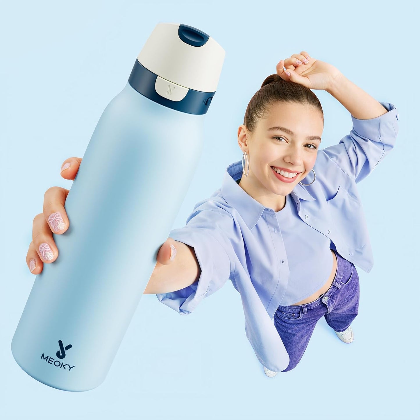 Meoky 24 oz Slim Insulated Water Bottle: Leak Proof Locking Lid, 2-in-1 Straw and Spout, 24 Hours Cold, Top Handle, BPA Free, Stainless Steel Water Bottle for Men Sports Travel Gym, Night