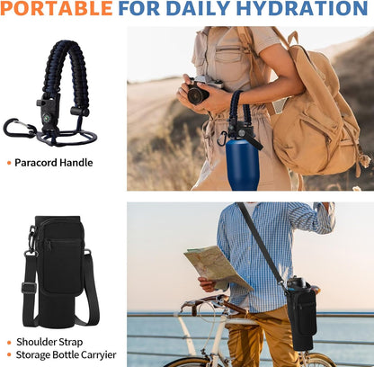 Insulated Water Bottle 40 oz - Fits in any Car Cup Holder, Keep Cold 48H Hot 24H, Stainless Steel Waterbottle Double Wall Flask with Straw, Pop-up Spout Lid, Paracord Handle, Carrier Bag