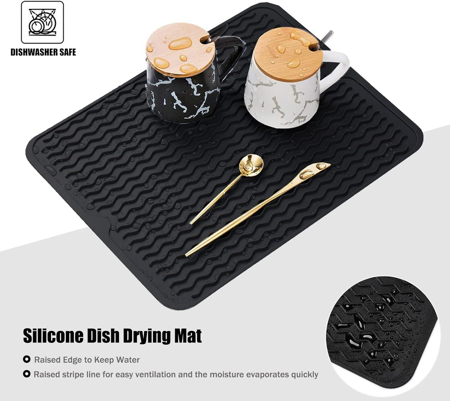 Silicone Dish Drying Mat, Non-Slip Easy Clean Sink Mat Large Heat-resistant Dish Drainer Mat for Kitchen Counter, Sink, Refrigerator or Drawer liner (12" x 6", BLACK)