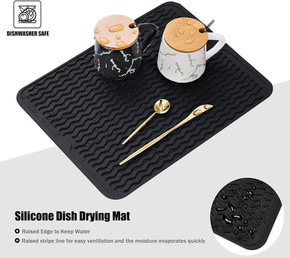 Silicone Dish Drying Mat, Non-Slip Easy Clean Sink Mat Large Heat-resistant Dish Drainer Mat for Kitchen Counter, Sink, Refrigerator or Drawer liner (12" x 6", BLACK)
