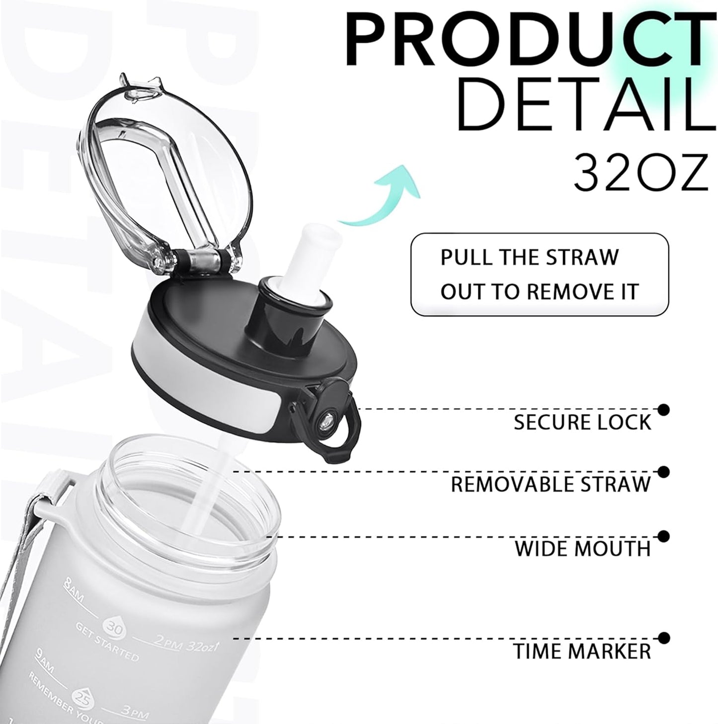 32oz Water Bottle with Time Marker, Motivational Drinking Bottle with Strap, BPA-Free Leak-Proof, Encouraging Water Bottle Time to Drink Water for Gym School Office Travel