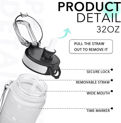 32oz Water Bottle with Time Marker, Motivational Drinking Bottle with Strap, BPA-Free Leak-Proof, Encouraging Water Bottle Time to Drink Water for Gym School Office Travel