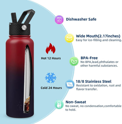 BJPKPK Insulated Water Bottles with Straw Lid, 40oz Stainless Steel Water Bottles with 3 Lids, BPA Free Leakproof Thermo, Tumblers, Cups for Sports, Gym- Midnight - Colors A