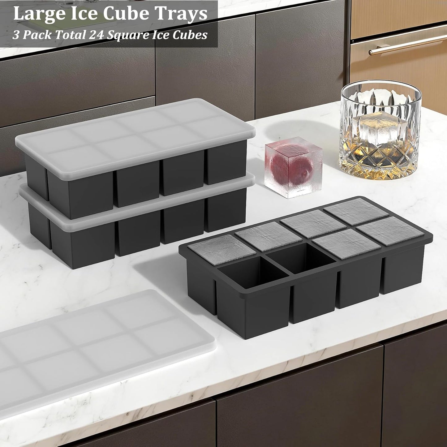 Bangp Large Ice Cube Tray for Whiskey,2 Pack Stackable Big Ice Cube Molds Make 16 Big Whiskey Ice Cubes,Easy Release Square Ice Cube Maker for Cocktails,Whiskey,Soups and Frozen Treats