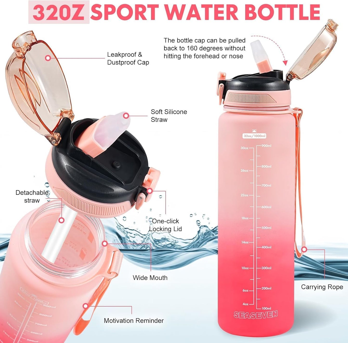Water Bottle with Straw 1L,Boys Water Bottles with Straw 1 Litre,Waterbottle Leak-Proof Sports Water Bottle,Plastic Drinks Bottles Toxin Free，Bpa-Free (Cyan Black)