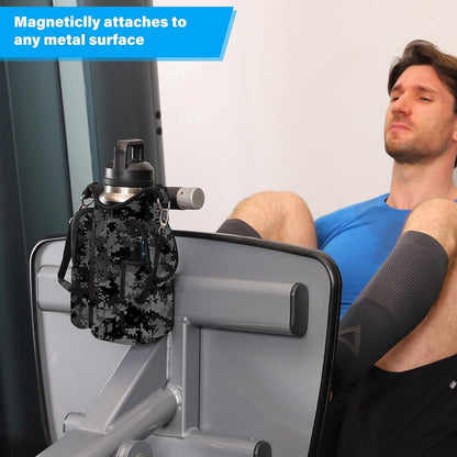 icolor Magnetic Gym Bag Water Bottle Carrier Holder with Phone Pockets & Shoulder Strap,Gym Magnetic Bag 5 Built-in Magnets Gym Accessories Organizer Sling Bottle Bag Pouch Sleeve