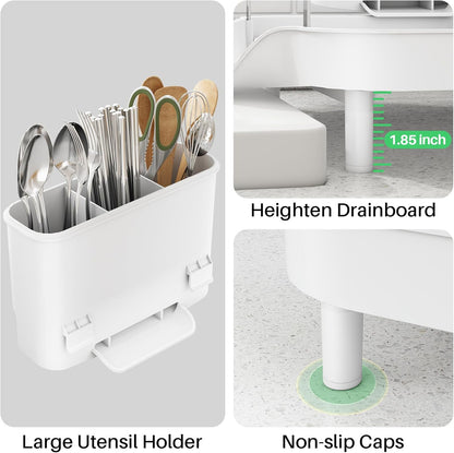 SAYZH Dish Drying Rack - Expandable Dish Rack for Kitchen Counter, Rust-Resistant Dish Drainer with Utensil Holder and Raised Guardrail, Kitchen Organizer for Cup and Bottle (Black)