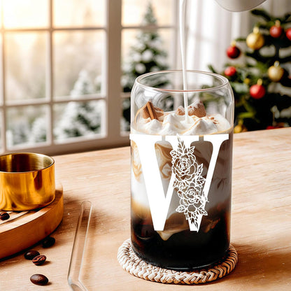 Glass Cups with Lids and Straws: Personalized Initial Glass Cup Be Used As Reusable Iced Coffee Cups with Lids,Cute Matcha Tumbler - The Christmas/Birthday Gifts for Women - M Smoothie Cup