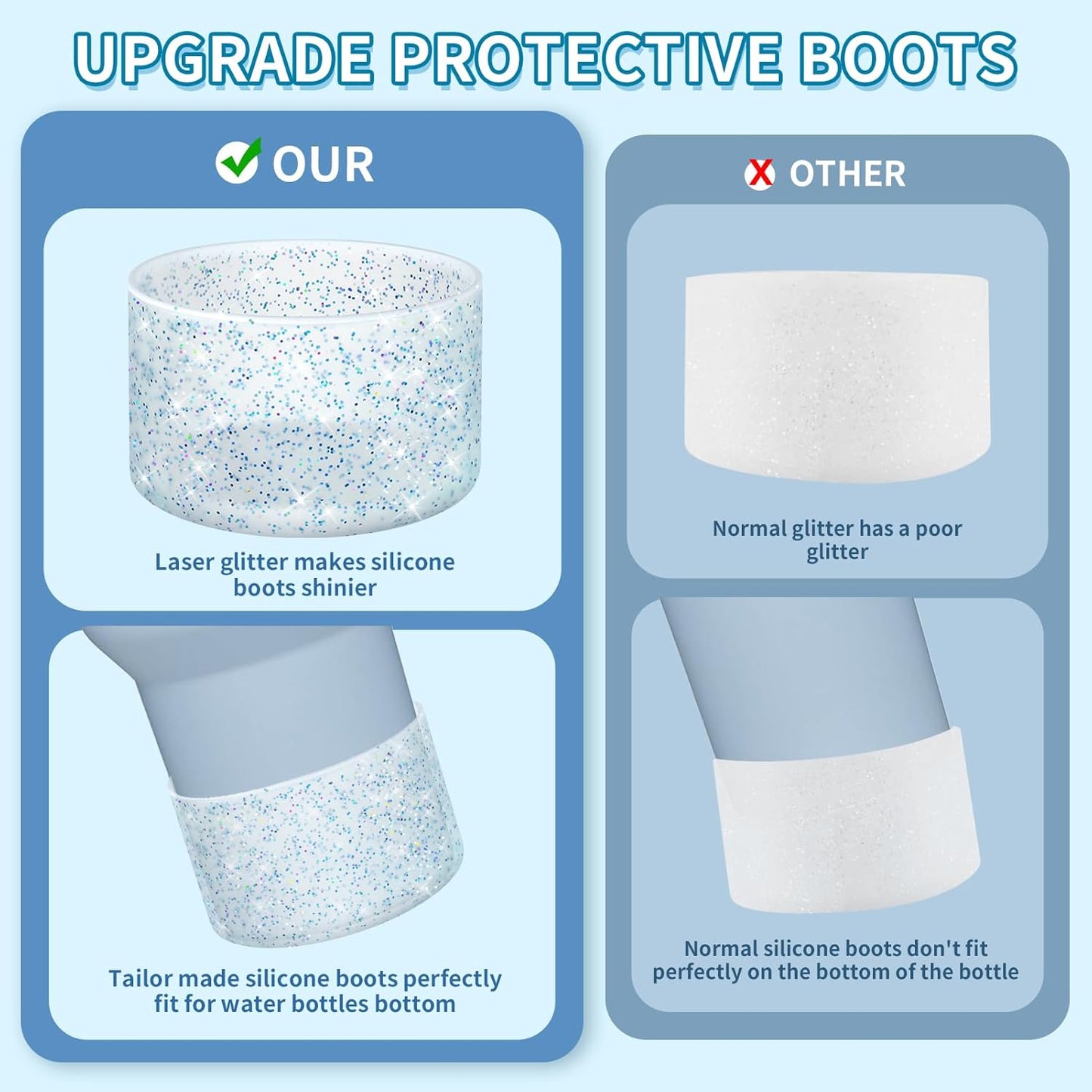 WUQID Protective Bling Silicone Boot Sleeve, Compatible with Stanley Tumbler 20-40oz & Hydro Flask Bottle 12oz-24oz, Glitter Reduces Dents Sleeve Cover for More Bottles/Tumblers Bottom of 2.83-2.95in