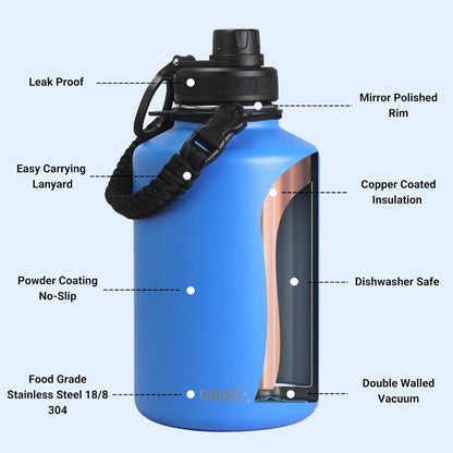 Drinco Stainless Steel Water Bottle Spout Lid Vacuum Insulated Double Wall Water Bottle Wide Mouth (40oz 32oz 22oz 18oz 14oz) Leak Proof Keep Cold Sport Camping Hiking (22 oz, 22oz Black)