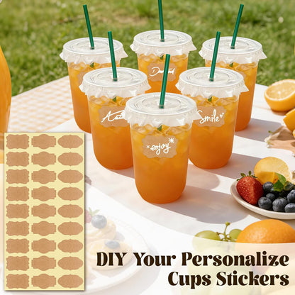 25 Sets 16 oz Clear Plastic Cups with Lids and Straws, Disposable Iced Coffee Cups for Cold Beverages, Smoothies, Bubble Tea, Includes Leak-Proof Paper and Stickers
