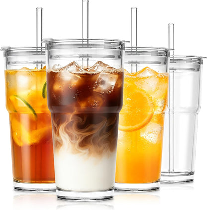 SoulTimes 20oz Glass Cups with Lids and Straws, Ribbed Glass Tumbler for Iced Coffee, Smoothie, Juice & Cold Drinks, Reusable Thick Glassware Set, Elegant Home & Travel Drinkware【2 Pack】