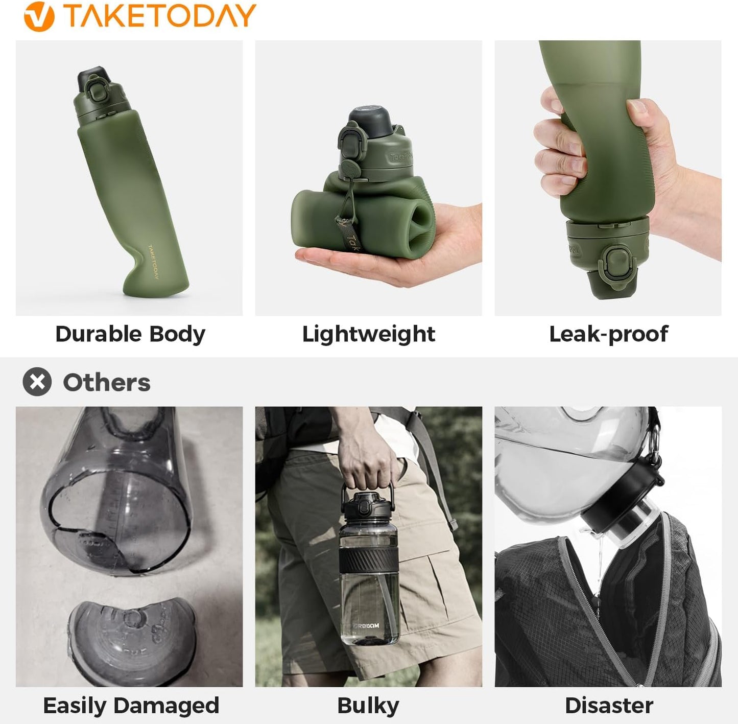 TakeToday Collapsible Water Bottles 32oz, Foldable Travel Bottle, TSA-Approved Leakproof Newly Silicone Water Bottle for Hiking, Travel, Outdoors, Black