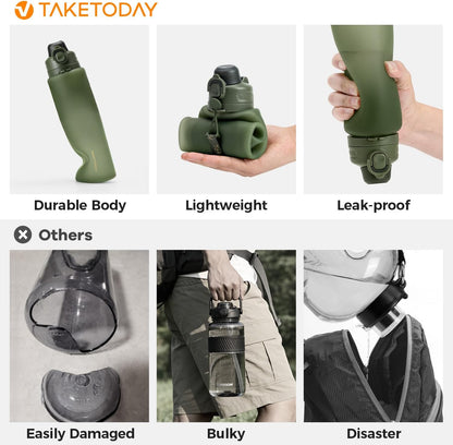 TakeToday Collapsible Water Bottles 32oz, Foldable Travel Bottle, TSA-Approved Leakproof Newly Silicone Water Bottle for Hiking, Travel, Outdoors, Black