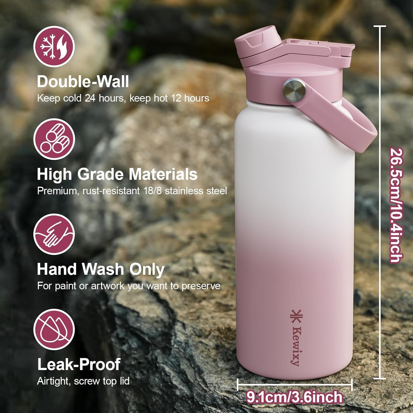 KEWIXY 32 oz Insulated Water Bottle, 2-in-1 Lid, Straw & Spout with Protected, Leak Proof, Keep Cold, Stainless Steel, Metal, Reusable, Handle, for Outdoor, Gym and School, 2 Lids, Blush Pink