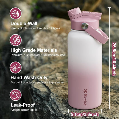 KEWIXY 32 oz Insulated Water Bottle, 2-in-1 Lid, Straw & Spout with Protected, Leak Proof, Keep Cold, Stainless Steel, Metal, Reusable, Handle, for Outdoor, Gym and School, 2 Lids, Blush Pink
