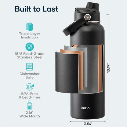 BUZIO 40oz Insulated Water Bottle, Triple Wall Vacuum Stainless Steel Water Flask with 2 lids, Lead-Free BPA-Free Straw Lid Sports Canteen Jug, Cold 48H & Hot 24H- Black - Colors A