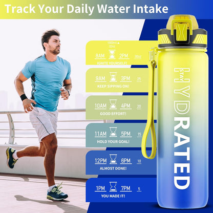 QLUR Water Bottle with Straw, 32oz Motivational Water Bottles with Time Marker to Drink, Tritan BPA Free, 1L Sports Water Bottle with Carry Strap LeakProof for Women Gym Fitness Outdoor (1 Pack)