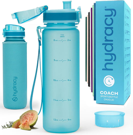 Hydracy Water Bottle with Time Marker -Large BPA Free Water Bottle & No Sweat Sleeve -Leak Proof Gym Bottle with Times to Drink - Ideal for Fitness Sports & Outdoors