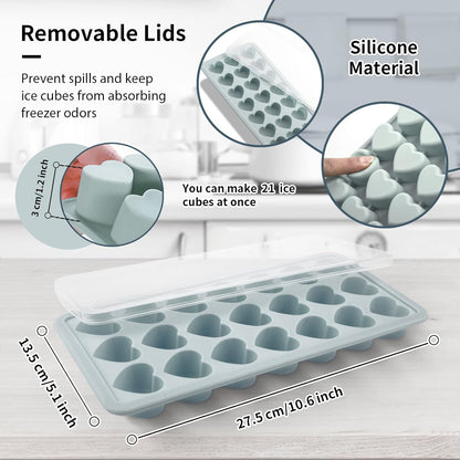 Heart Shape Ice Cube Tray, 21 Holes Silicone Ice Cube Mold with Removable Lid Flexible for Whiskey Cocktail Chocolate