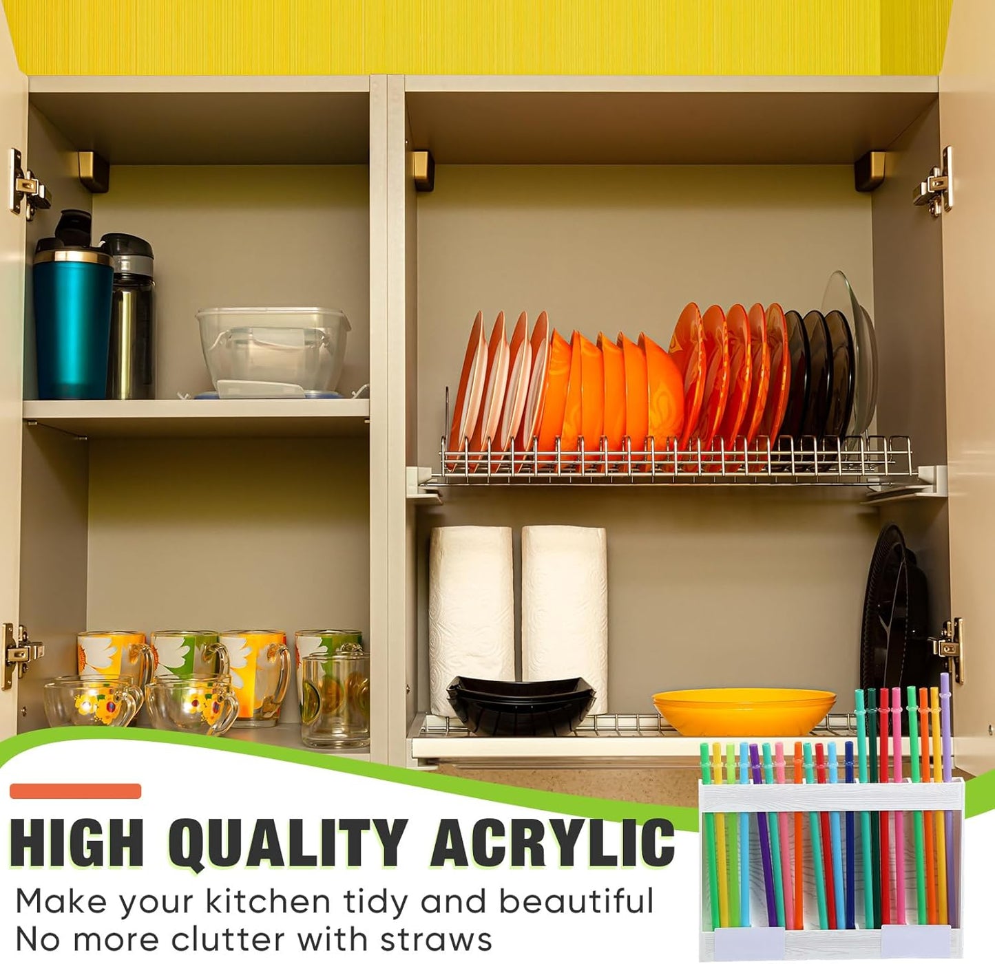 Qinyoung Acrylic Straw Holder for Cabinet Door with Double Sided Adhesive Tape Reusable Straw Organizer Tumbler Storage Kitchen Accessories Container for Counter Cupboard(Classic,Large,Transparent)