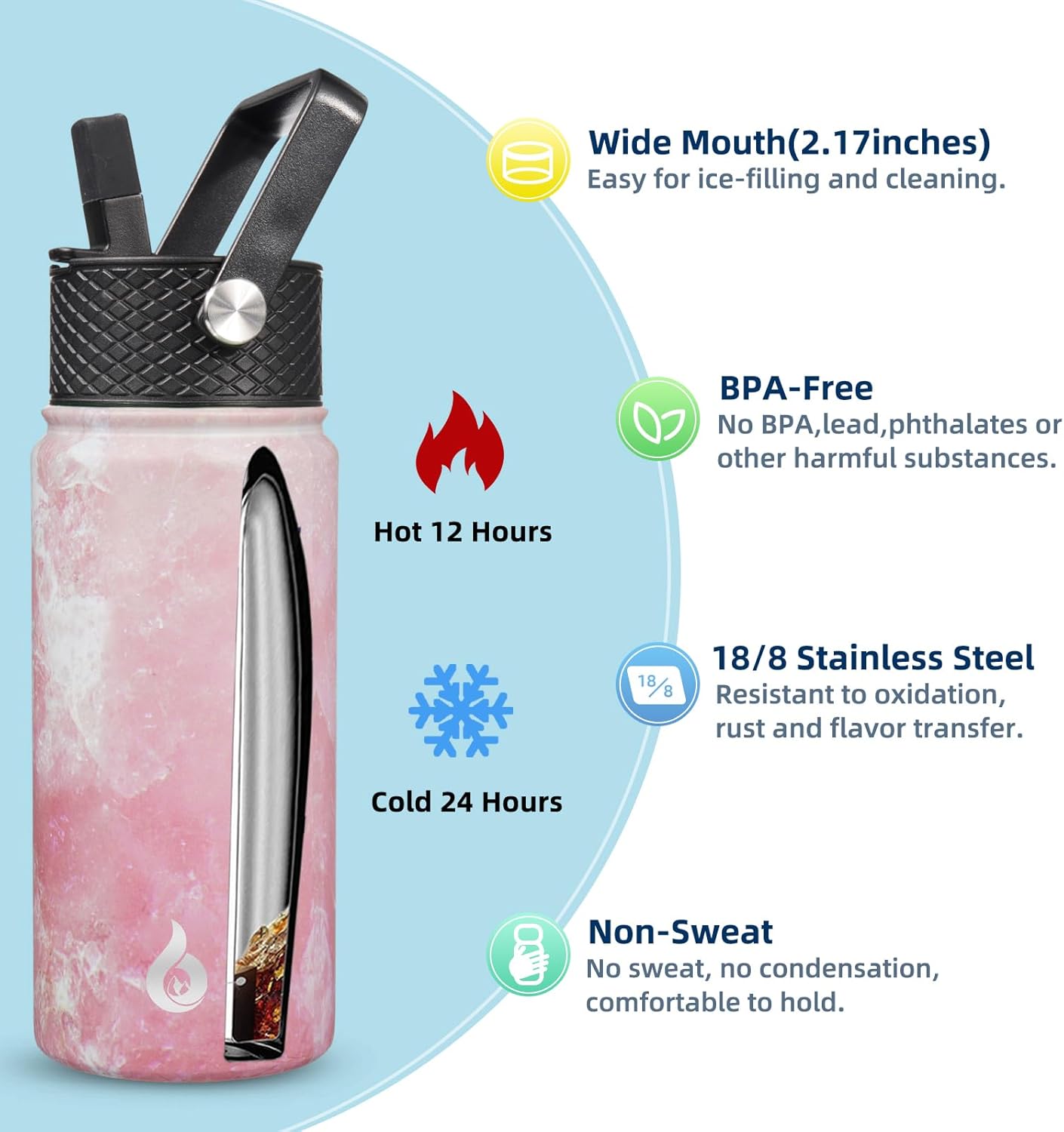 BJPKPK Insulated Water Bottles with Straw Lid, 40oz Stainless Steel Water Bottles with 3 Lids, BPA Free Leakproof Thermo, Tumblers, Cups for Sports, Gym- Midnight - Colors B