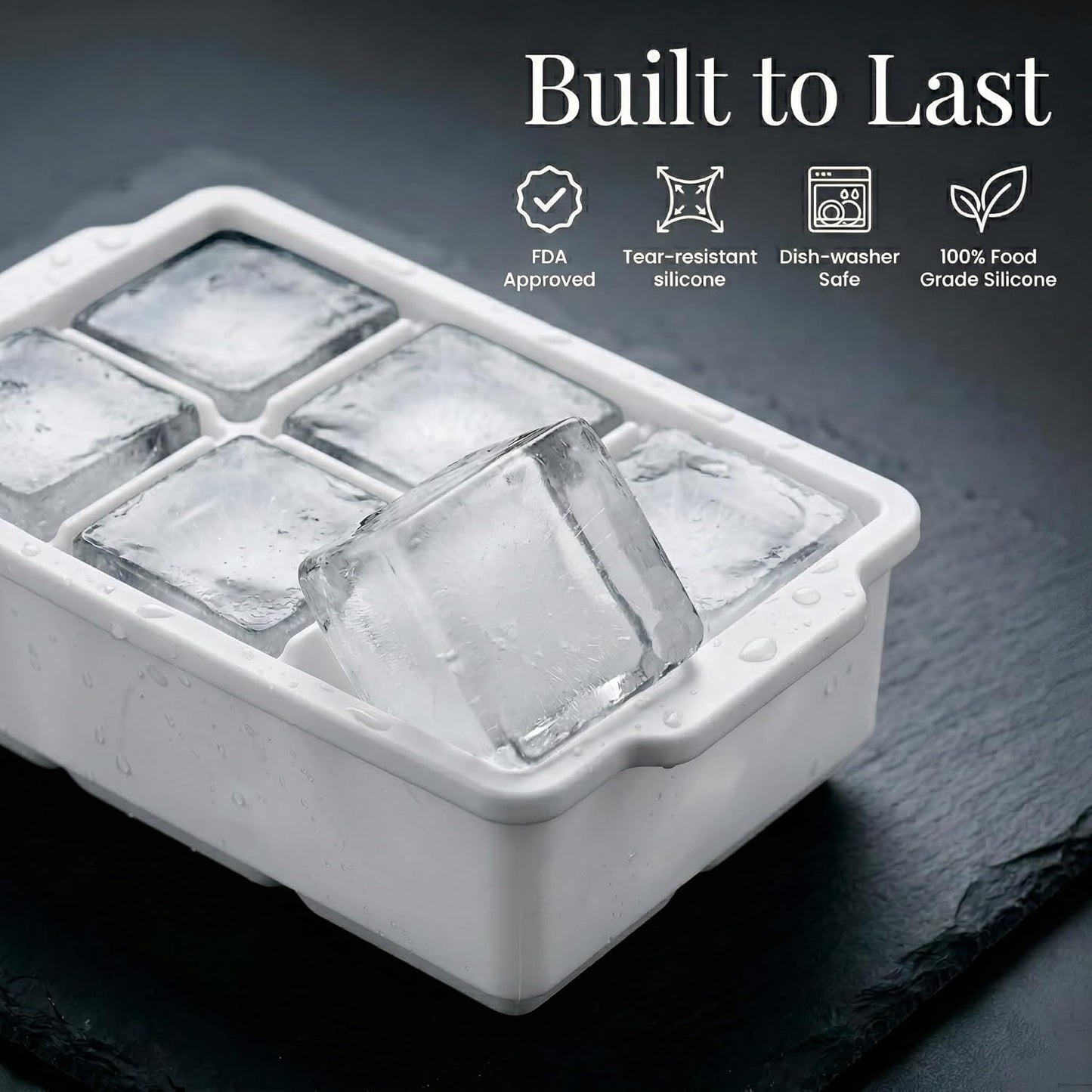 KitchFort Large Silicone Ice Cube Tray (2-Pack), Easy Release 2" Big Ice Cubes - Cocktail, Whiskey Ice Cubes Mold - Ice Trays for Freezer with Lid - Stackable Silicone Ice Tray - Black