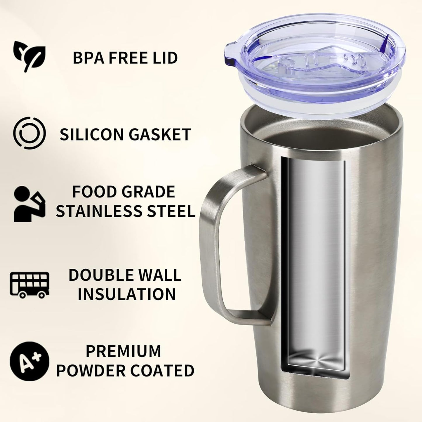 Trwcrt 19oz Insulated Coffee Mug with Handle, Double Wall Vacuum Stainless Steel Travel Coffee Tumbler, Blue