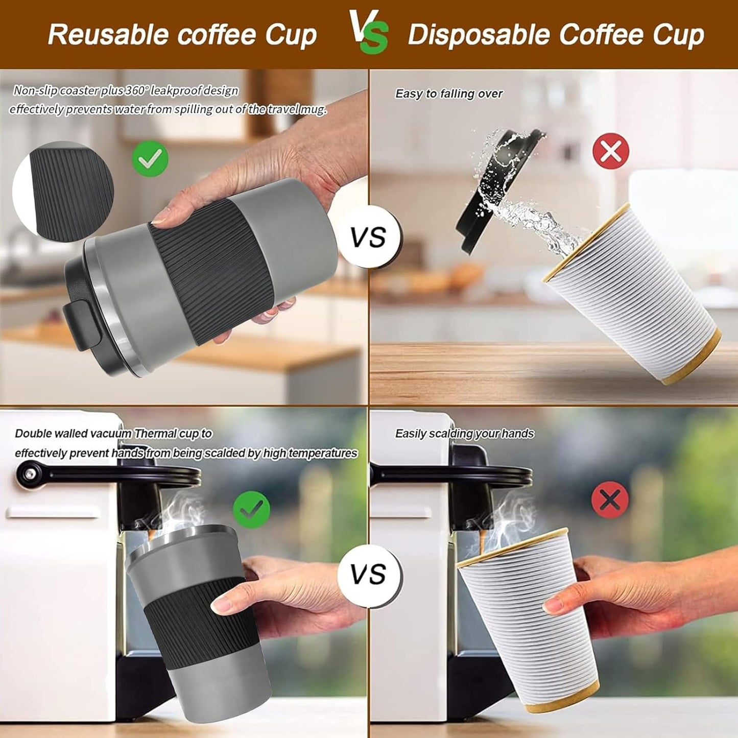 YINBAOGE Insulated Travel Coffee Mug, Spill & Leak Proof, Portable To Go Camping Stainless Steel Coffee Tumbler, Reusable Thermal Coffee Cup with Lid for Hot & Cold Drinks (Black, 12 OZ)