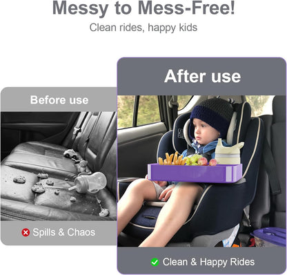 Car Seat Snack Tray for Toddlers - 3 Inch Cup Holder Fits Most Sippy Cups & Straw Bottles with Dip Well, Mess-Free Square Kids Travel Tray Road Trip Essentials, Black