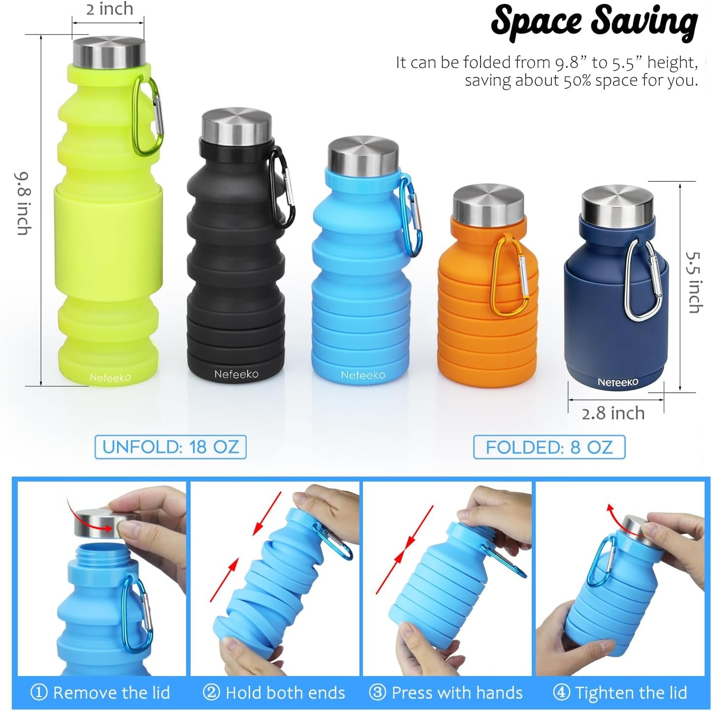 Nefeeko Collapsible Water Bottle, Reuseable BPA Free Silicone Foldable Water Bottles for Travel Gym Camping Hiking, Portable Leak Proof Sports Water Bottle with Carabiner