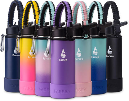 Farsea Insulated Water Bottle With Paracord Handle, Protective Silicone Boot and 2 Lids (Straw Lid & Spout Lid), Stainless Steel Water Bottle Wide Mouth, Double Wall Sweat-Proof BPA-Free, 24 oz