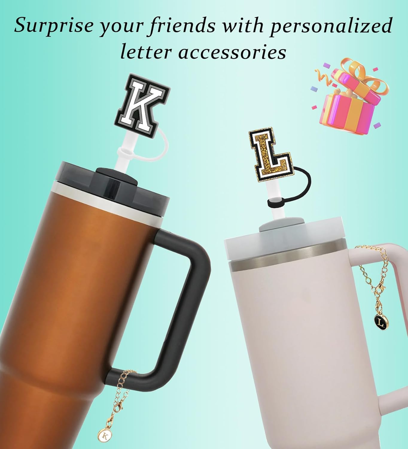（3 +3) 3PCS Nuozme Straw Cover 10mm For Stanley Tumbler Cup Reusable Straw Cap Topper with 3 Initial Letter Charms Accessories Name ID Personalized Handle Charm For Stanley 30&40 Oz Cup Tumbler - Colors A