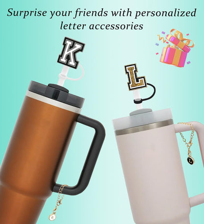 （3 +3) 3PCS Nuozme Straw Cover 10mm For Stanley Tumbler Cup Reusable Straw Cap Topper with 3 Initial Letter Charms Accessories Name ID Personalized Handle Charm For Stanley 30&40 Oz Cup Tumbler - Colors A