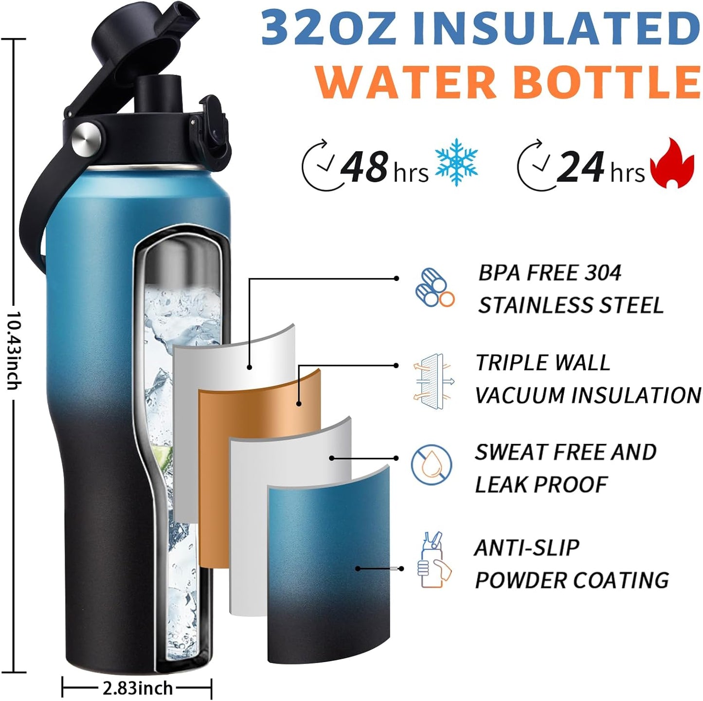 Insulated Water Bottle 40 oz - Fits in any Car Cup Holder, Keep Cold 48H Hot 24H, Stainless Steel Waterbottle Double Wall Flask with Straw, Pop-up Spout Lid, Paracord Handle, Carrier Bag