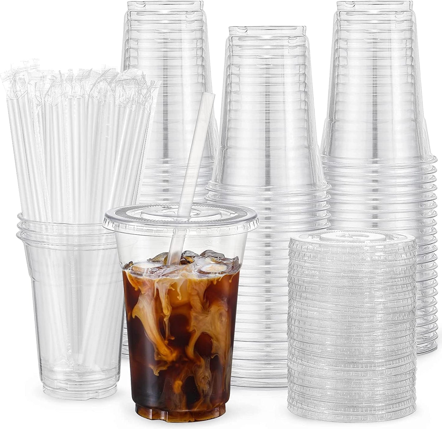 VITEVER [100 Sets - 16oz] Clear Plastic Cups with Lids and Straws, Disposable Iced Coffee Cups for Smoothie, Milkshake, Cold Drinks - BPA free