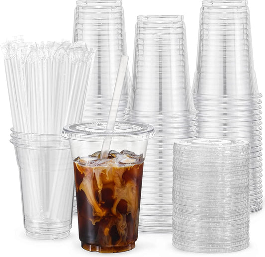 VITEVER [100 Sets - 16oz] Clear Plastic Cups with Lids and Straws, Disposable Iced Coffee Cups for Smoothie, Milkshake, Cold Drinks - BPA free