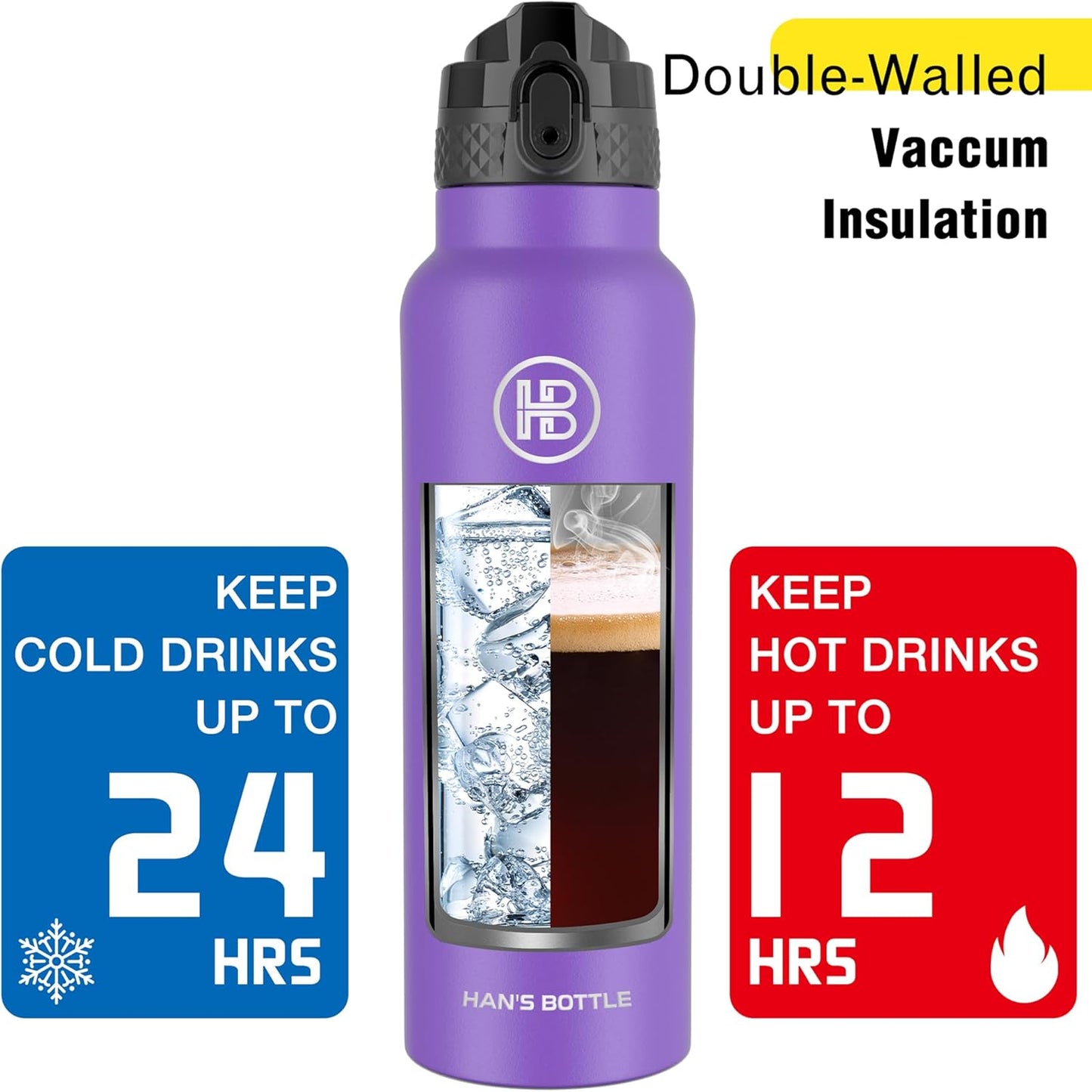 Han's Bottle Sports Water Bottle - 24 Oz, Straw Lid, Leak Proof, Vacuum Insulated Stainless Steel, Double Walled, Thermo Mug,Black