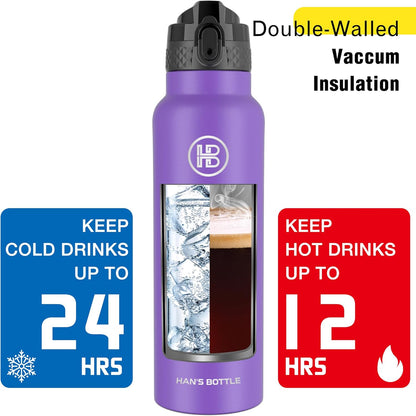 Han's Bottle Sports Water Bottle - 24 Oz, Straw Lid, Leak Proof, Vacuum Insulated Stainless Steel, Double Walled, Thermo Mug,Black