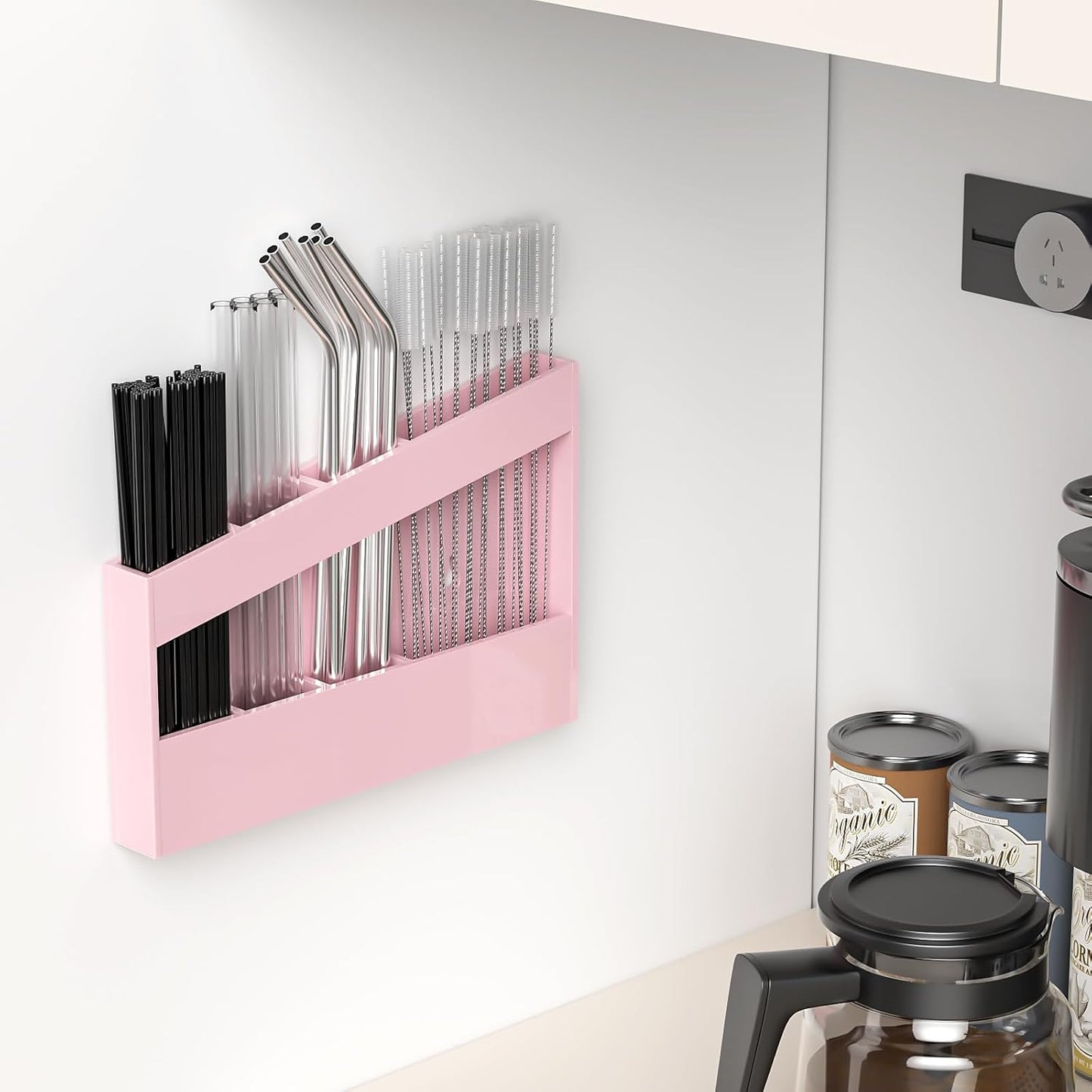 Acrylic Straw Holder for Cabinet - 9.5 Inch Clear Reusable Straw Organizer Dispenser with Ultra Sticky Adhesive Tapes, Slanted Kitchen Accessories Container Cupboard Door Mounted