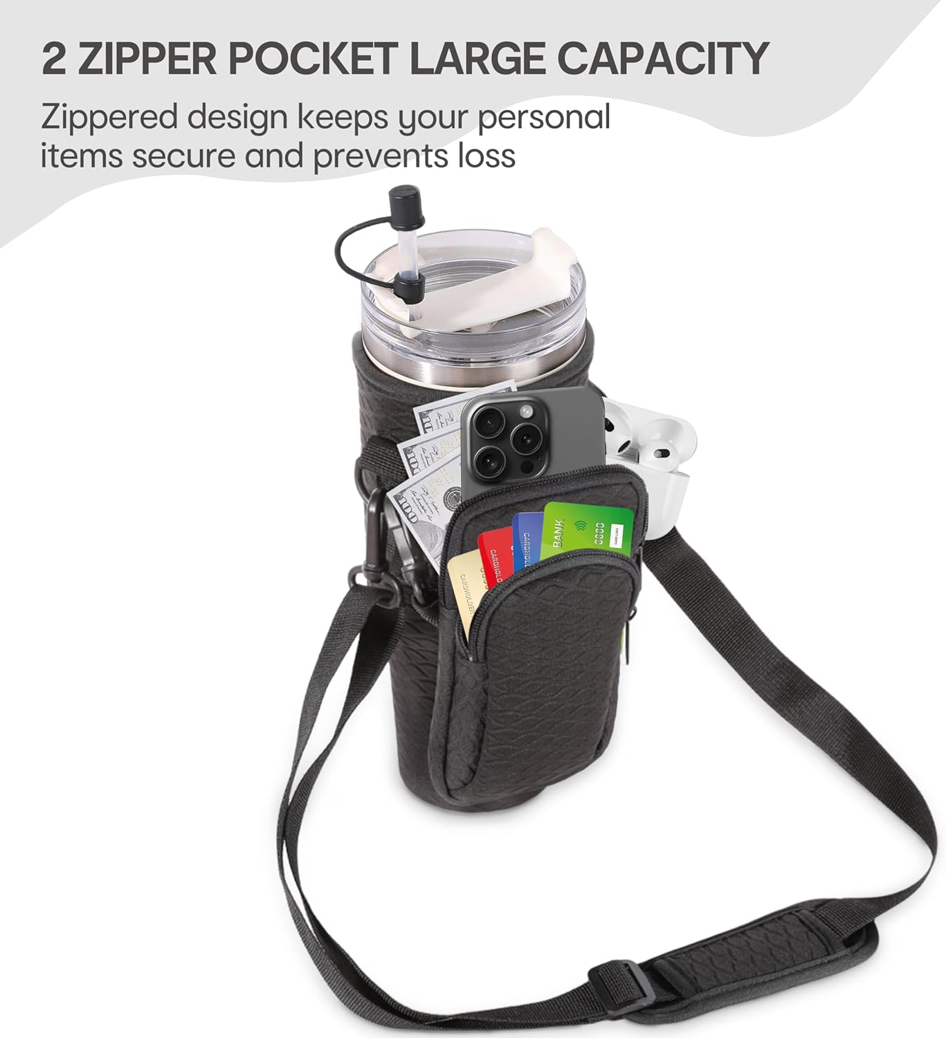 &And Per Se Water Bottle Shoulder Bag with Phone Pocket, Compatible with Stanley 30oz Tumblers - Neoprene Carrier with Adjustable Strap & Charm Accessory (Black)