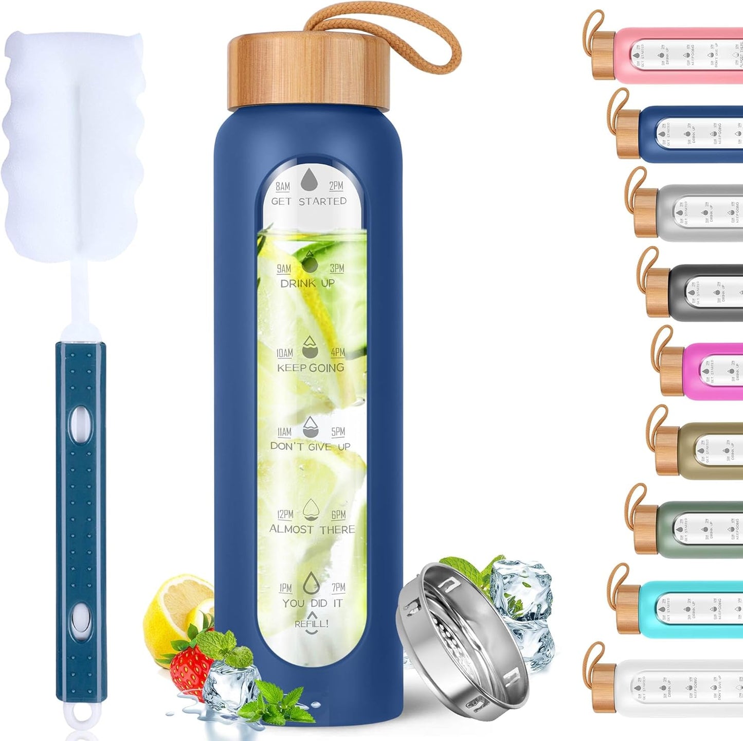 Aqulea Glass Water Bottles 25 Oz with Silicone Sleeve - BPA Free Reusable Wide Mouth Glass Motivational Water Bottles with Fruit Infuser – Leak Proof Borosilicate Water Bottle with Time Marker (White)